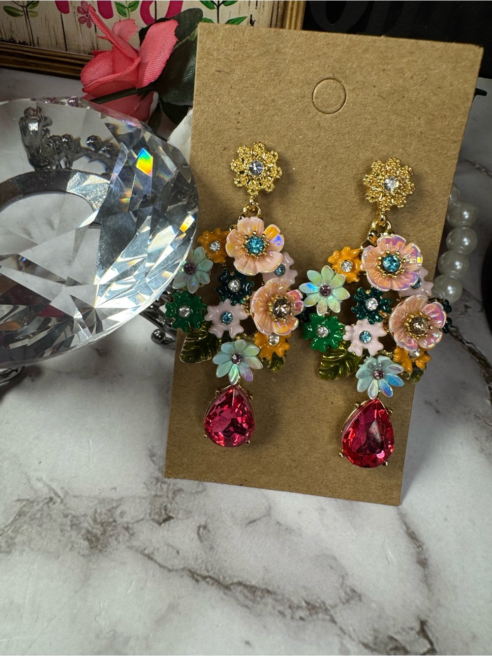 Floral Crystal Drop Earrings - Pink & Green